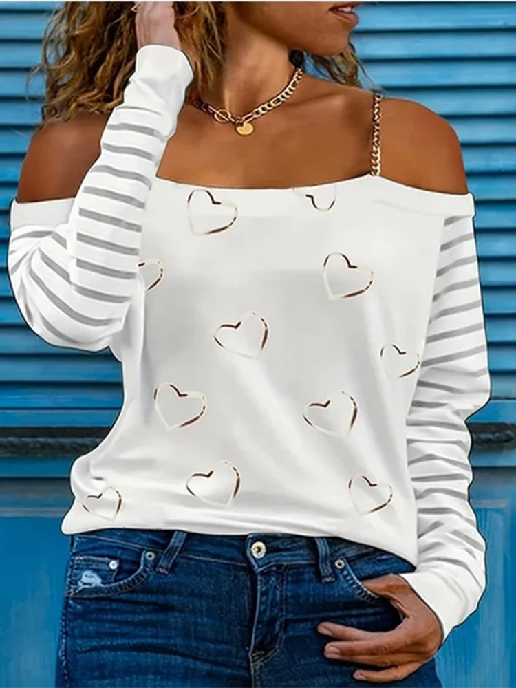 5 Color Off Shoulder T Shirt Women Heart-Shaped Printed Chain Long Sleeved Tops Trendy Clothes