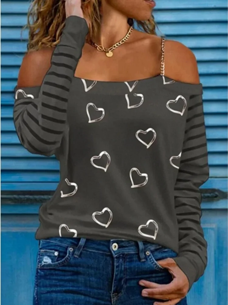 5 Color Off Shoulder T Shirt Women Heart-Shaped Printed Chain Long Sleeved Tops Trendy Clothes