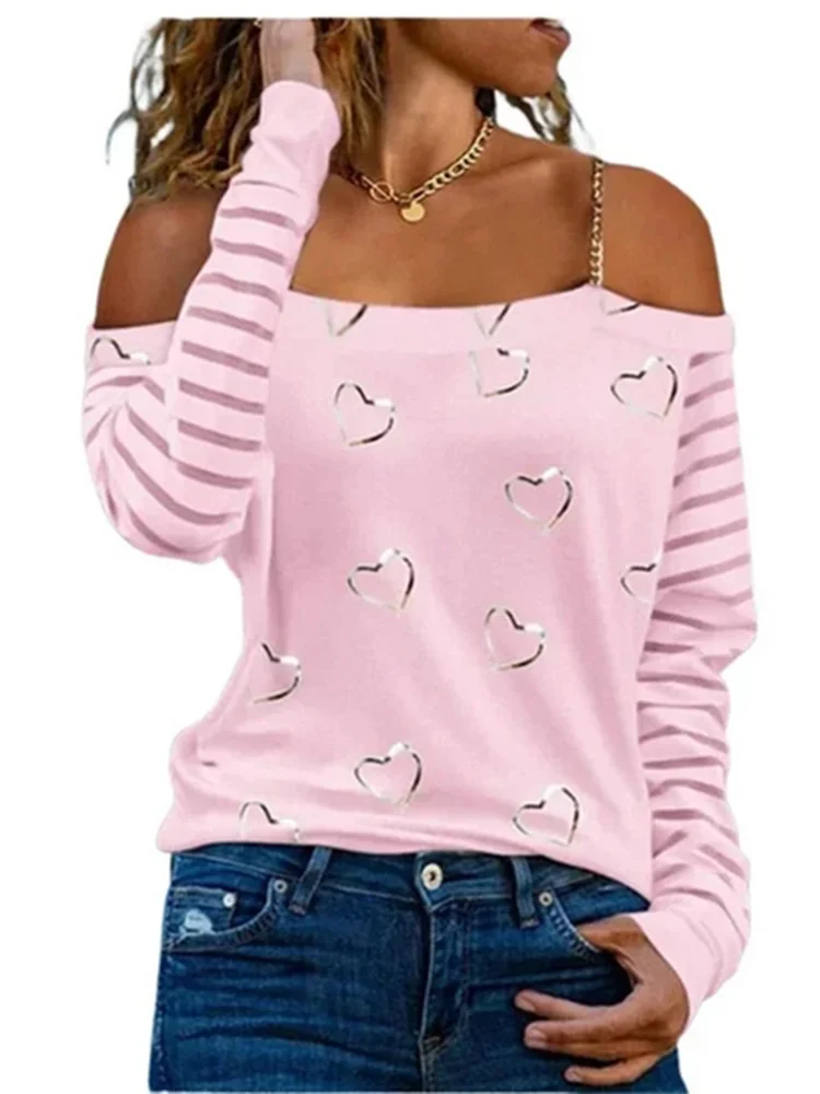 5 Color Off Shoulder T Shirt Women Heart-Shaped Printed Chain Long Sleeved Tops Trendy Clothes