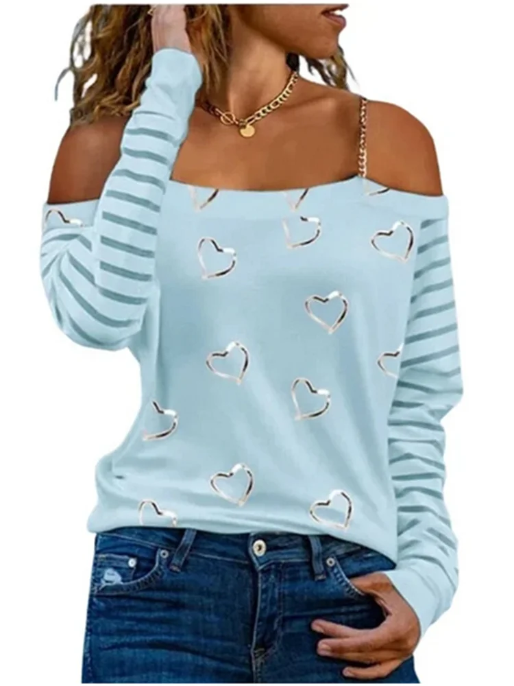 5 Color Off Shoulder T Shirt Women Heart-Shaped Printed Chain Long Sleeved Tops Trendy Clothes